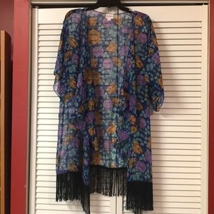 LuLaRoe sheer floral cover up with black fringe